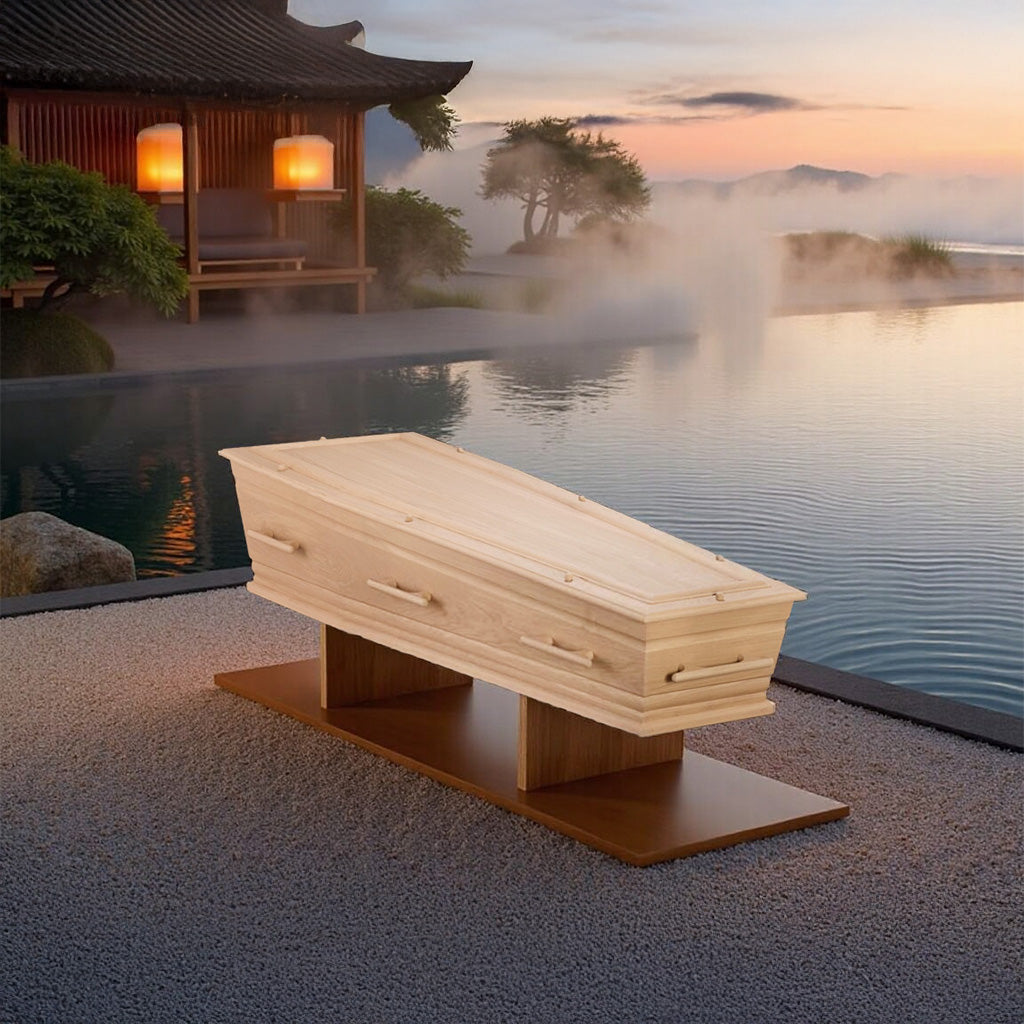 Uitvaartkist van licht eikenhout met houten grepen, geplaatst aan de waterkant bij zonsondergang, in een serene Japanse setting.