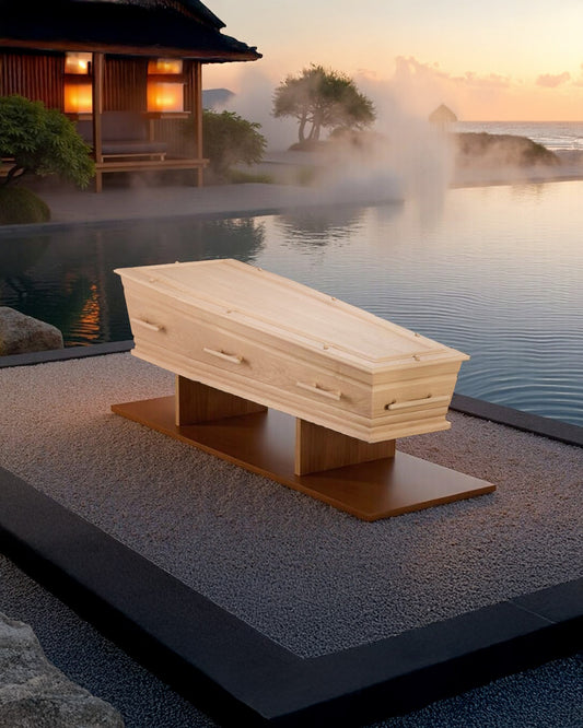 Uitvaartkist van licht eikenhout met houten grepen, geplaatst aan de waterkant bij zonsondergang, in een serene Japanse setting.