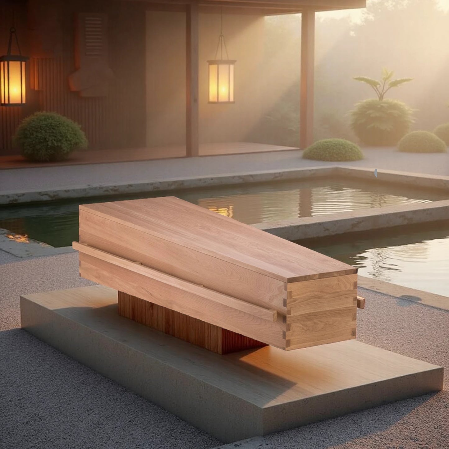 Uitvaartkist van licht eikenhout met lange houten handgreep, geplaatst in een serene tuin met Japans geïnspireerde architectuur en zacht ochtendlicht.