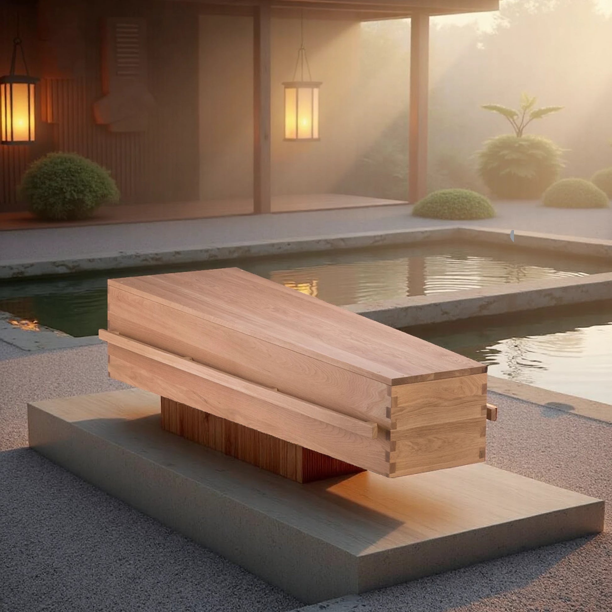 Uitvaartkist van licht eikenhout met lange houten handgreep, geplaatst in een serene tuin met Japans geïnspireerde architectuur en zacht ochtendlicht.