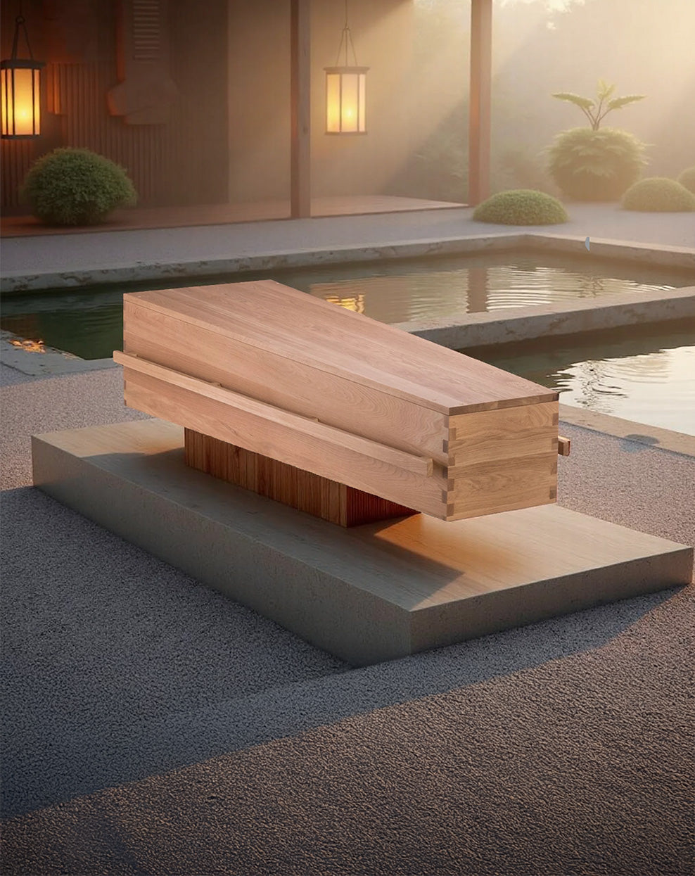 Uitvaartkist van licht eikenhout met lange houten handgreep, geplaatst in een serene tuin met Japans geïnspireerde architectuur en zacht ochtendlicht.