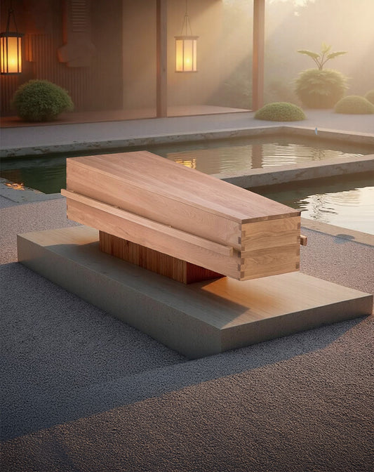 Uitvaartkist van licht eikenhout met lange houten handgreep, geplaatst in een serene tuin met Japans geïnspireerde architectuur en zacht ochtendlicht.