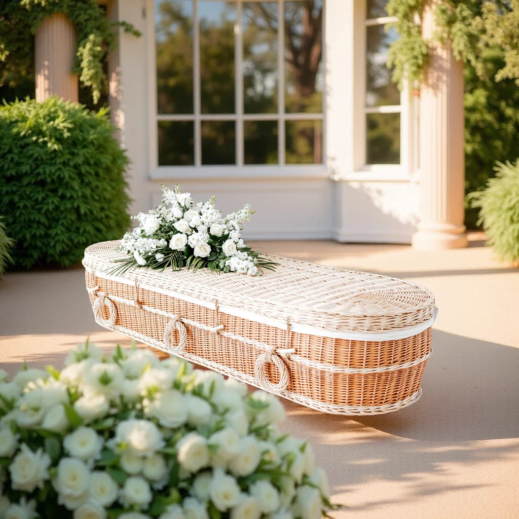 Lichtkleurige wilgenteen uitvaartmand Pure Elegance met witte bloemen, geplaatst in een klassieke tuinsetting.