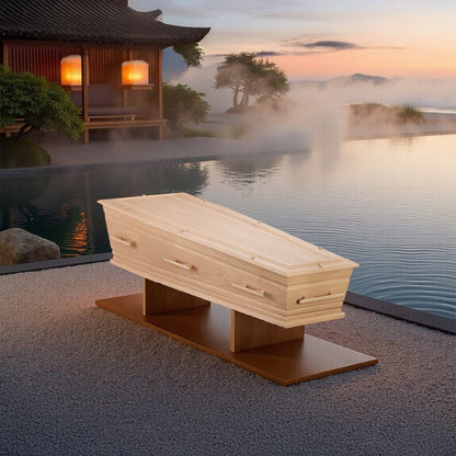 Uitvaartkist van licht eikenhout met houten grepen, geplaatst aan de waterkant bij zonsondergang, in een serene Japanse setting.