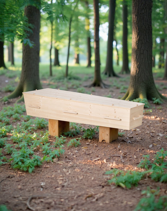 Vurenhouten uitvaartkist met houten pen- en gatverbindingen, geplaatst in een serene bosrijke omgeving met zacht ochtendlicht en groene ondergroei.