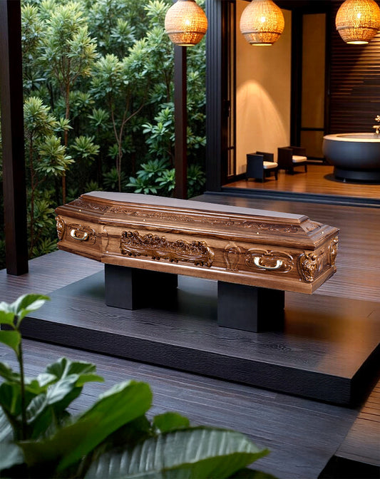 Massief eikenhouten uitvaartkist Agate Legacy met sierlijke houtsnedes, geplaatst op zwart voetstuk in luxe Japanse tuinsetting